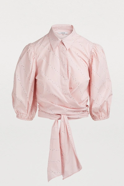 Ganni Cropped Tie-detailed Cotton-poplin Top In Silver Pink