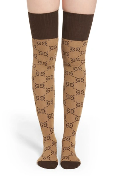 Gucci Pariggi Over The Knee Socks In Beige/ Dark Brown