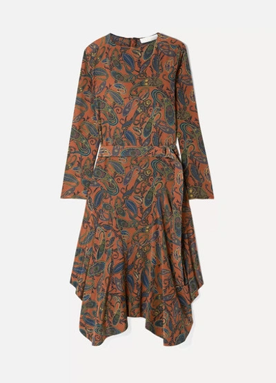 Chloé Asymmetric Paisley-print Silk Crepe De Chine Midi Dress In Brown