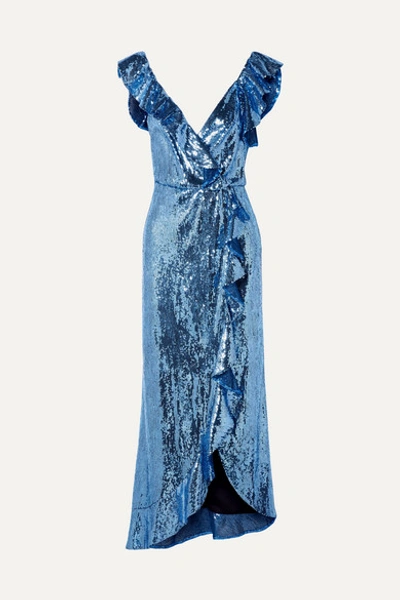 Monique Lhuillier Wrap-effect Ruffled Sequined Crepe Midi Dress In Blue