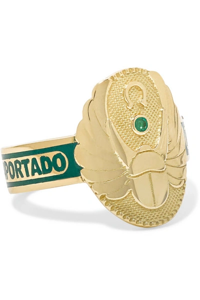 Foundrae Protection 18-karat Gold, Emerald And Enamel Ring