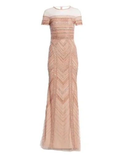 Theia Embellished Tulle Mermaid Gown In Peach Multi