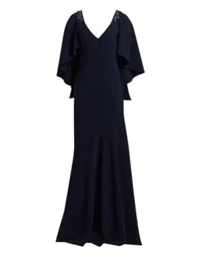 Theia Embellished Cape-sleeve Mermaid Gown In Navy
