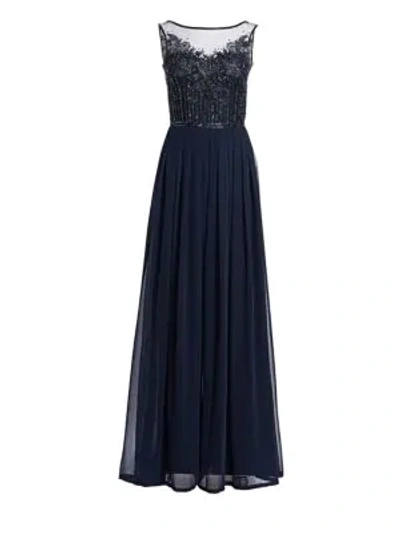 Theia Bateau-neck Sleeveless Wide-leg Jumpsuit W/ Sheer Beaded Bodice In Midnight