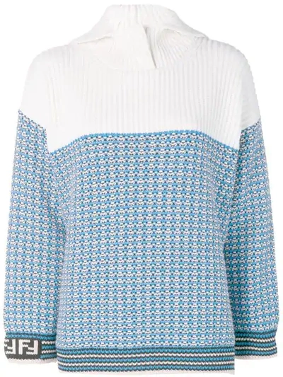 Fendi Waffle Knit Logo Sleeve Turtleneck Sweater In Antigua Blue