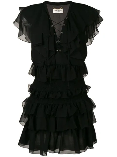 Saint Laurent Smocked Silk Ruffle Minidress In Black