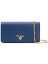 Prada Mini Saffiano Chain Wallet In Blue