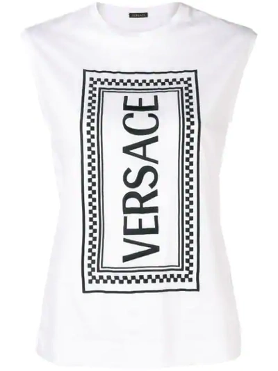 Versace Rectangular Logo Printed Tank Top In White