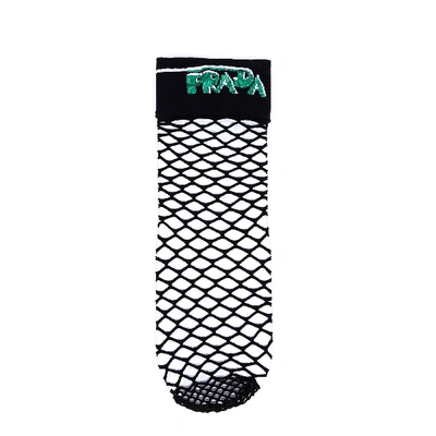 Prada Embroidered Logo Fish Net Socks In Black