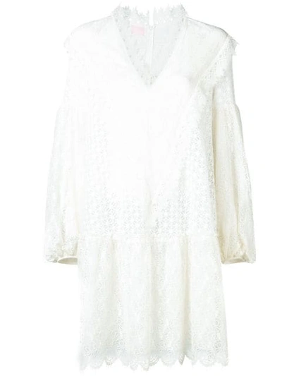 Giamba V-neck Embroidered Lace Dress In White