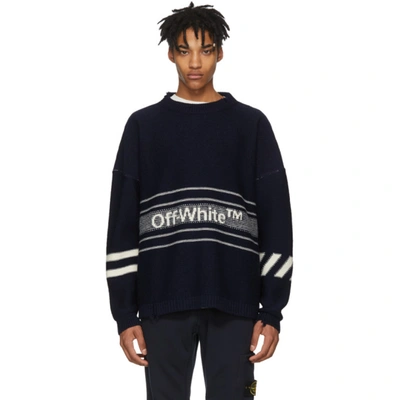 Off-white Navy Intarsia Logo Sweater In Blue