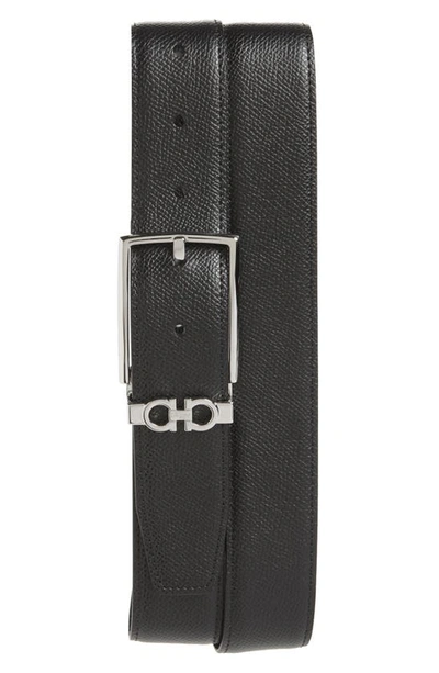 Ferragamo Men's Reversible Textured Leather Belt With Classic Buckle In Black