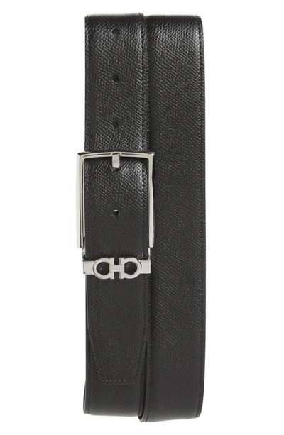 Ferragamo Men's Reversible Textured Leather Belt With Classic Buckle In Black/brown