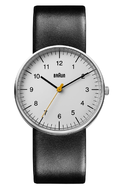 Braun 'classic' Leather Strap Watch, 38mm In Black/ White/ Silver