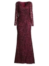 Mac Duggal Illusion Damask Embroidered Sequin Column Gown In Garnet