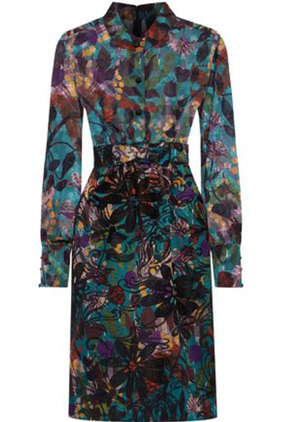 Anna Sui Printed Fil Coupé-paneled Cotton-blend Jacquard Dress In Teal