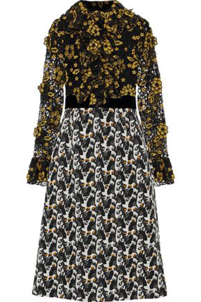 Anna Sui Velvet-trimmed Guipure Lace And Cotton-jacquard Dress In Black