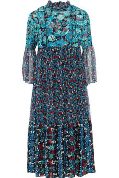 Anna Sui Woman Gathered Printed Jacquard And Georgette Midi Dress Blue