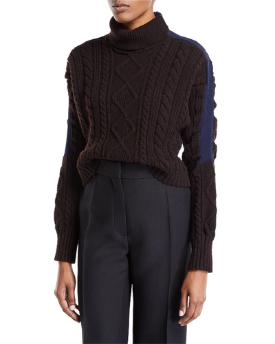 Atlein Turtleneck Stripe-sleeve Cable-knit Pullover Wool Sweater In Brown