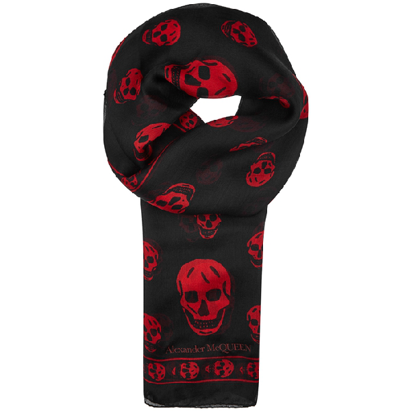 Alexander Mcqueen Black Skull-print Silk Chiffon Scarf In Black And Red ...