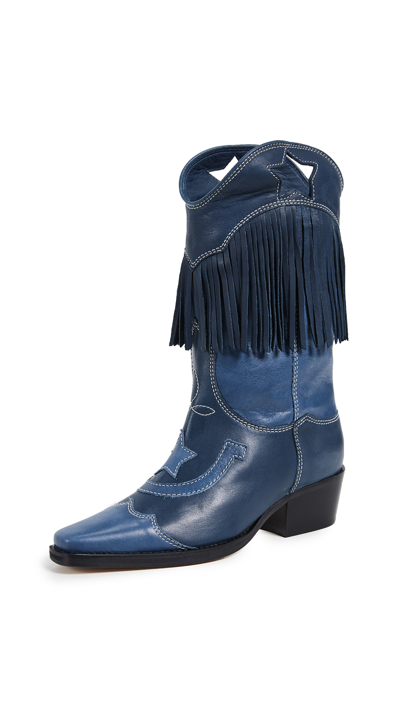 Ganni Texas Fringes Leather Cowboy Boots In Blue