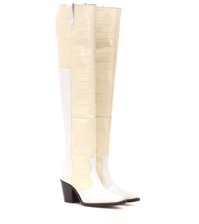 Ganni Nadine Knee-high Crocodile-effect Leather Boots In 151 Bright White
