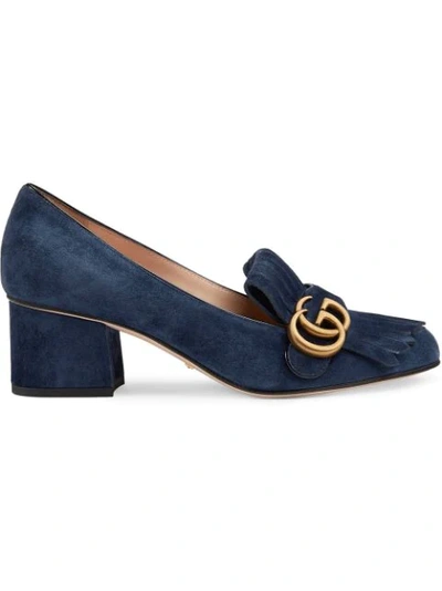 Gucci Marmont Fringed Logo-embellished Suede Pumps In Blue