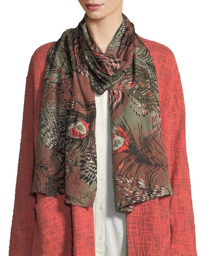 Masai Peacock-print Shantung Scarf In Olive/coral