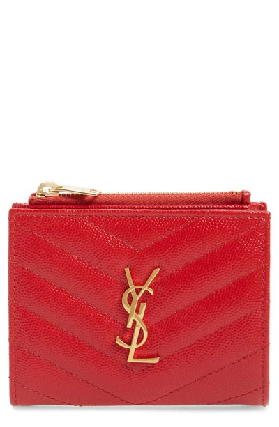 Saint Laurent Monogram Ysl Quilted Grain Leather Zip Card Case In Bandana Red