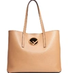 Fendi F Logo Calf Leather Shopping Tote Bag In Miele Scuro/ Taupe