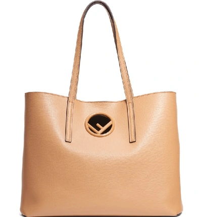 Fendi F Logo Calf Leather Shopping Tote Bag In Miele Scuro