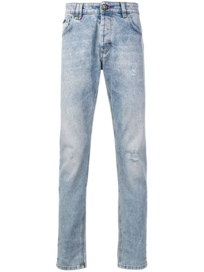 Philipp Plein Faded Distressed Slim Jeans In Blue
