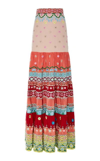 Saloni Isabel Tiered Embroidered Silk Maxi Skirt In Multi