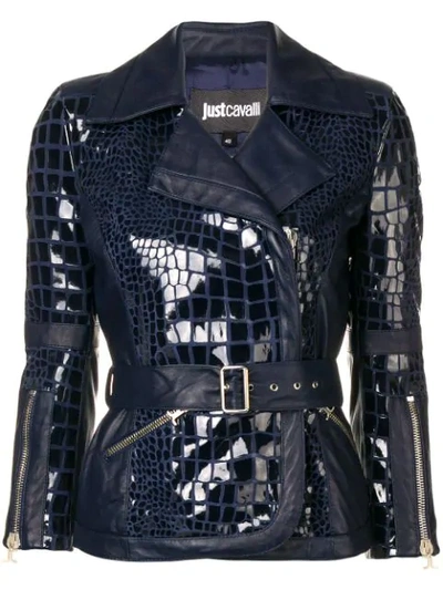 Just Cavalli Belted Fitted Jacket In Blue