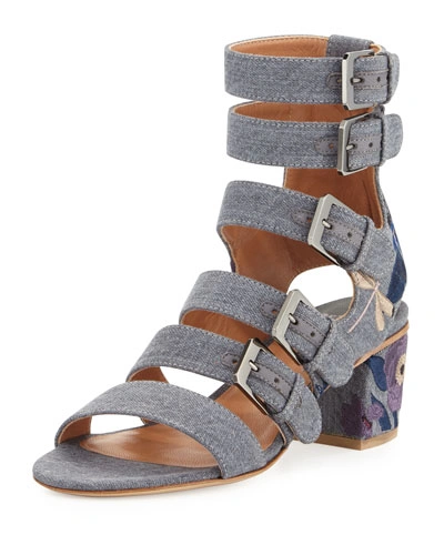 Laurence Dacade Nora Embroidered Buckle-strap Sandal, Stone/blue
