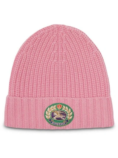 Burberry Embroidered Crest Rib Knit Wool Cashmere Beanie In Pink