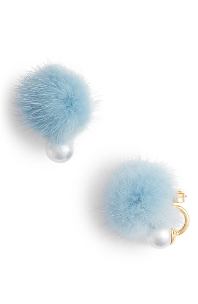 Wild And Woolly Saga Genuine Mink Fur Pom & Imitation Pearl Earrings In Sky Blue