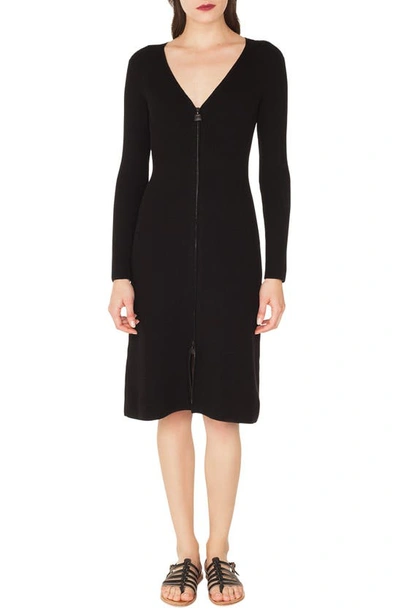 Akris V-neck Zip-front Long-sleeve Rib-knit Dress In Black