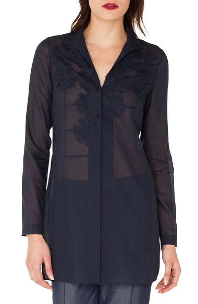 Akris Long-sleeve Button-down Floral-embroidered Tunic Blouse In Denim