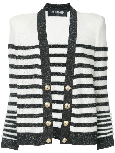 Balmain Stripe Honeycomb Knit Cardigan In Black