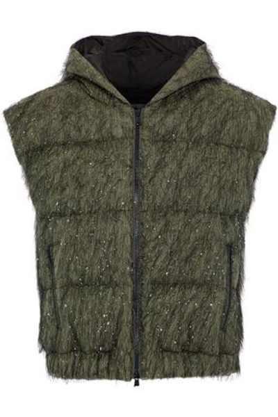 Brunello Cucinelli Woman Tinsel-appliquéd Cotton-blend Shell Hooded Vest Army Green