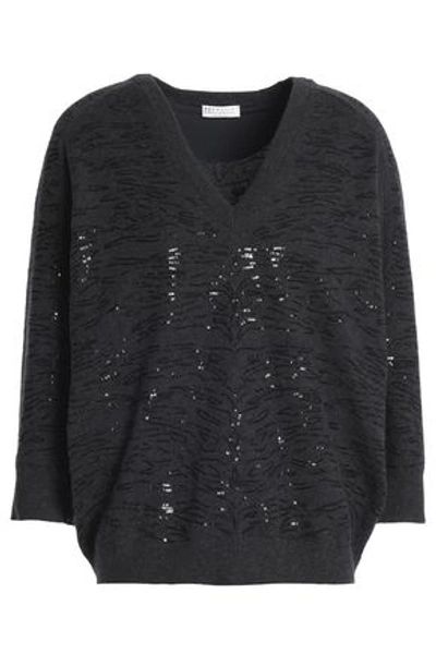 Brunello Cucinelli Woman Sequin-embellished Cashmere Sweater Charcoal