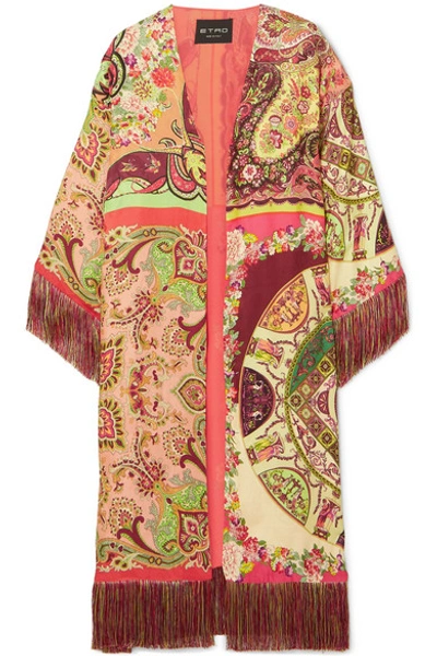 Etro Printed Silk Viscose Kimono W/ Fringe In Red