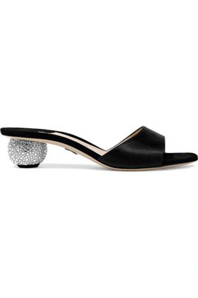 Paul Andrew Woman Arco Crystal-embellished Satin-paneled Suede Mules Black