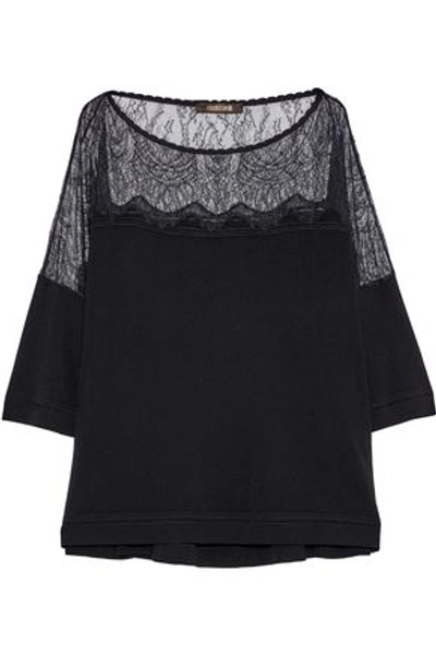 Roberto Cavalli Chantilly Lace-paneled Stretch-knit Top In Black