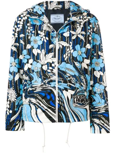Prada Floral Print Nylon Zip-front Jacket, Blue Pattern In Turchese