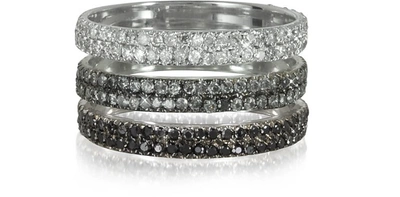 Bernard Delettrez Designer Rings Triple Band 18k White Gold Ring W/white, Grey And Black Diamonds In Blanc