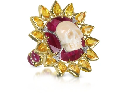 Bernard Delettrez Rings Gold Ruby And Yellow Sapphires Skull Bone Ring In Rouge