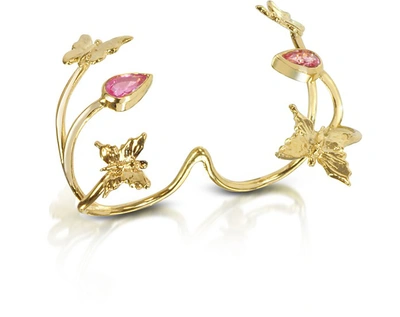 Bernard Delettrez Rings Butterfly And Pink Sapphires Gold 2 Fingers Ring In Rose
