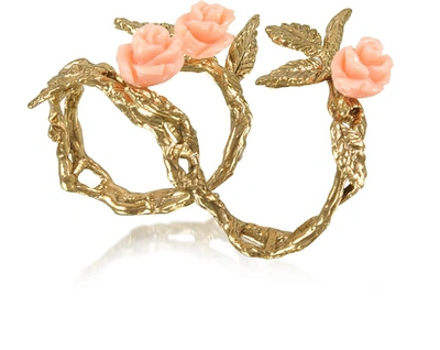 Bernard Delettrez Designer Rings Two Fingers Leafy Bronze Ring W/3 Pink Resin Roses In Doré